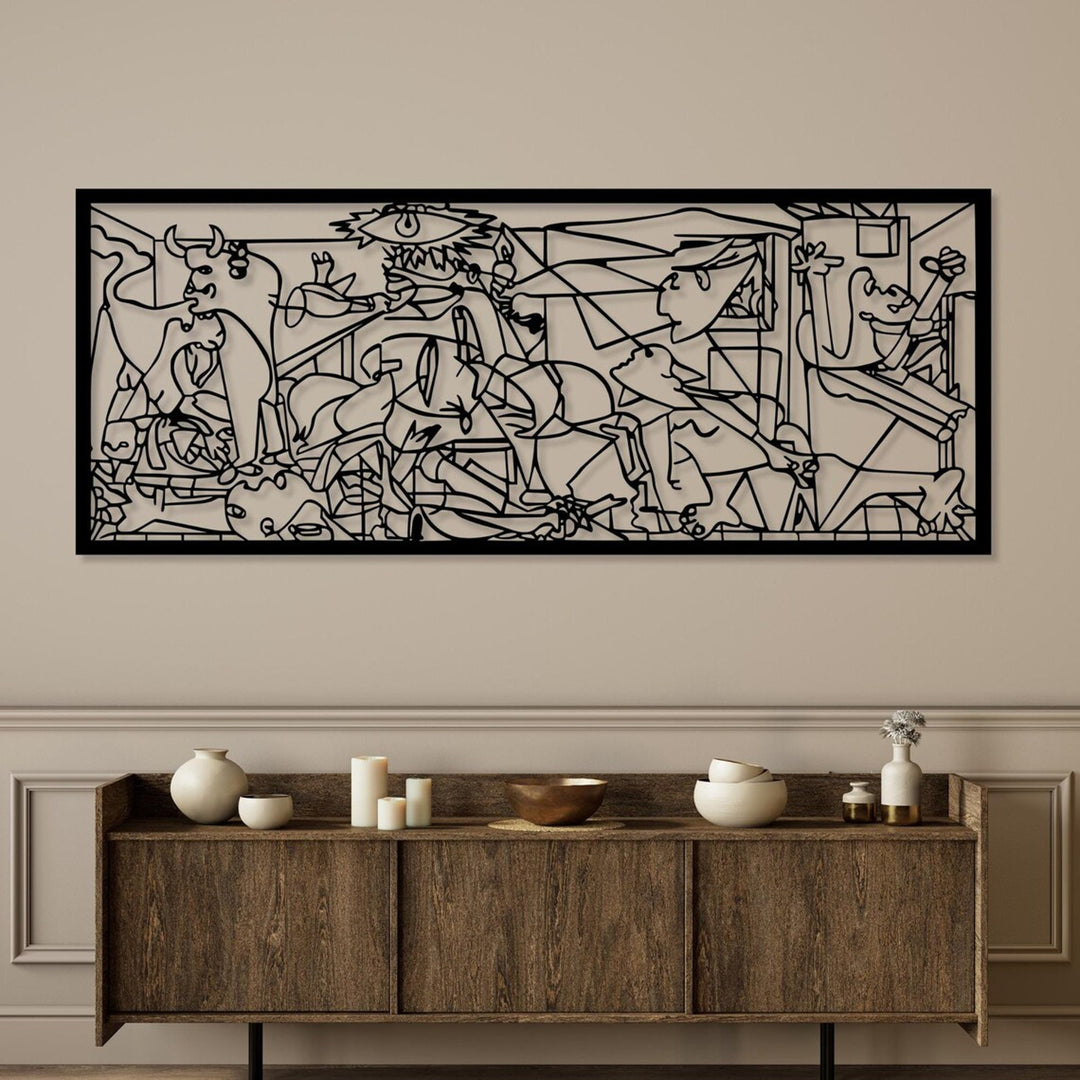 Pintura vazada, decoração de parede 3D, pintura 3D "Guernica de Pablo Picasso" 150x60cm Preto