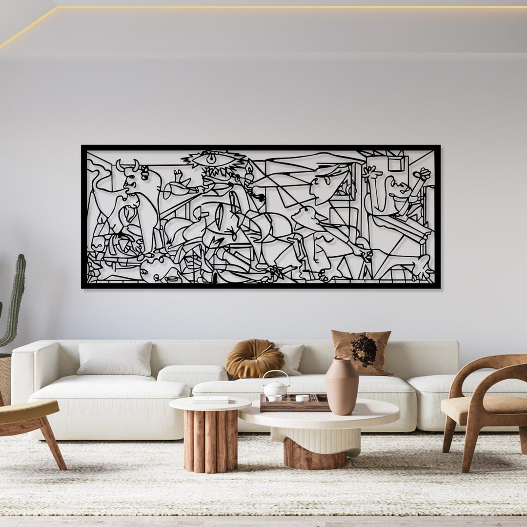 Pintura vazada, decoração de parede 3D, pintura 3D "Guernica de Pablo Picasso" 80x32cm Preto