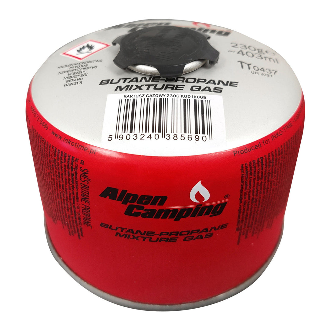 Cartucho de gás para campismo Alpen 230g, certificado: PI 0656, em conformidade com a norma EN417, propano-butano, gama de -10°C a +40°C, válvula roscada 7/16" IK009