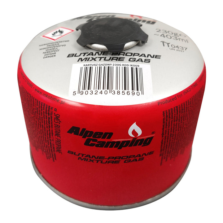 Cartucho de gás para campismo Alpen 230g, certificado: PI 0656, em conformidade com a norma EN417, propano-butano, gama de -10°C a +40°C, válvula roscada 7/16" IK009