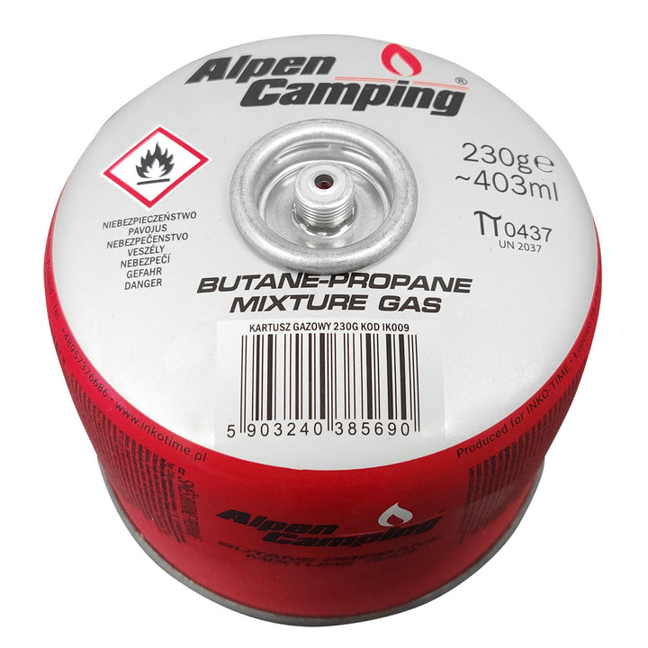 Cartucho de gás para campismo Alpen 230g, certificado: PI 0656, em conformidade com a norma EN417, propano-butano, gama de -10°C a +40°C, válvula roscada 7/16" IK009