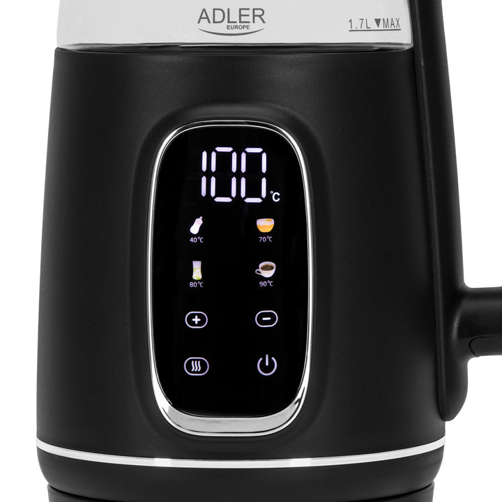Chaleira elétrica em vidro Adler AD 1305 BS 1,7 L, preta e prateada, controlo de temperatura, visor LED