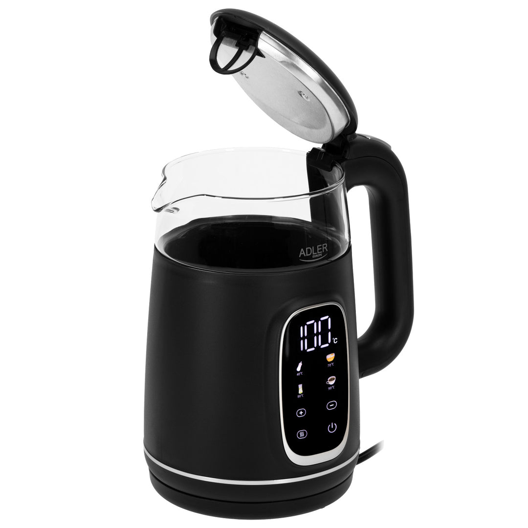 Chaleira elétrica em vidro Adler AD 1305 BS 1,7 L, preta e prateada, controlo de temperatura, visor LED