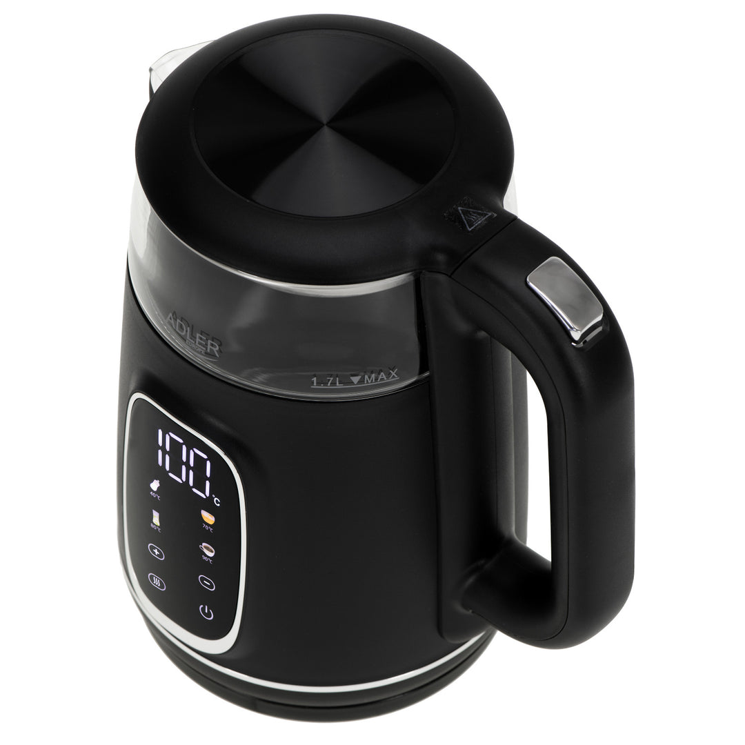 Chaleira elétrica em vidro Adler AD 1305 BS 1,7 L, preta e prateada, controlo de temperatura, visor LED