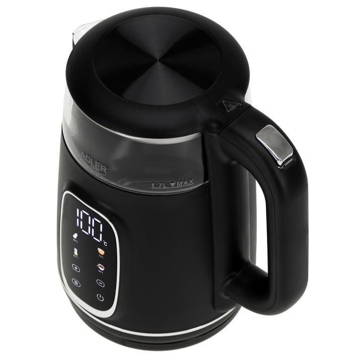 Chaleira elétrica em vidro Adler AD 1305 BS 1,7 L, preta e prateada, controlo de temperatura, visor LED