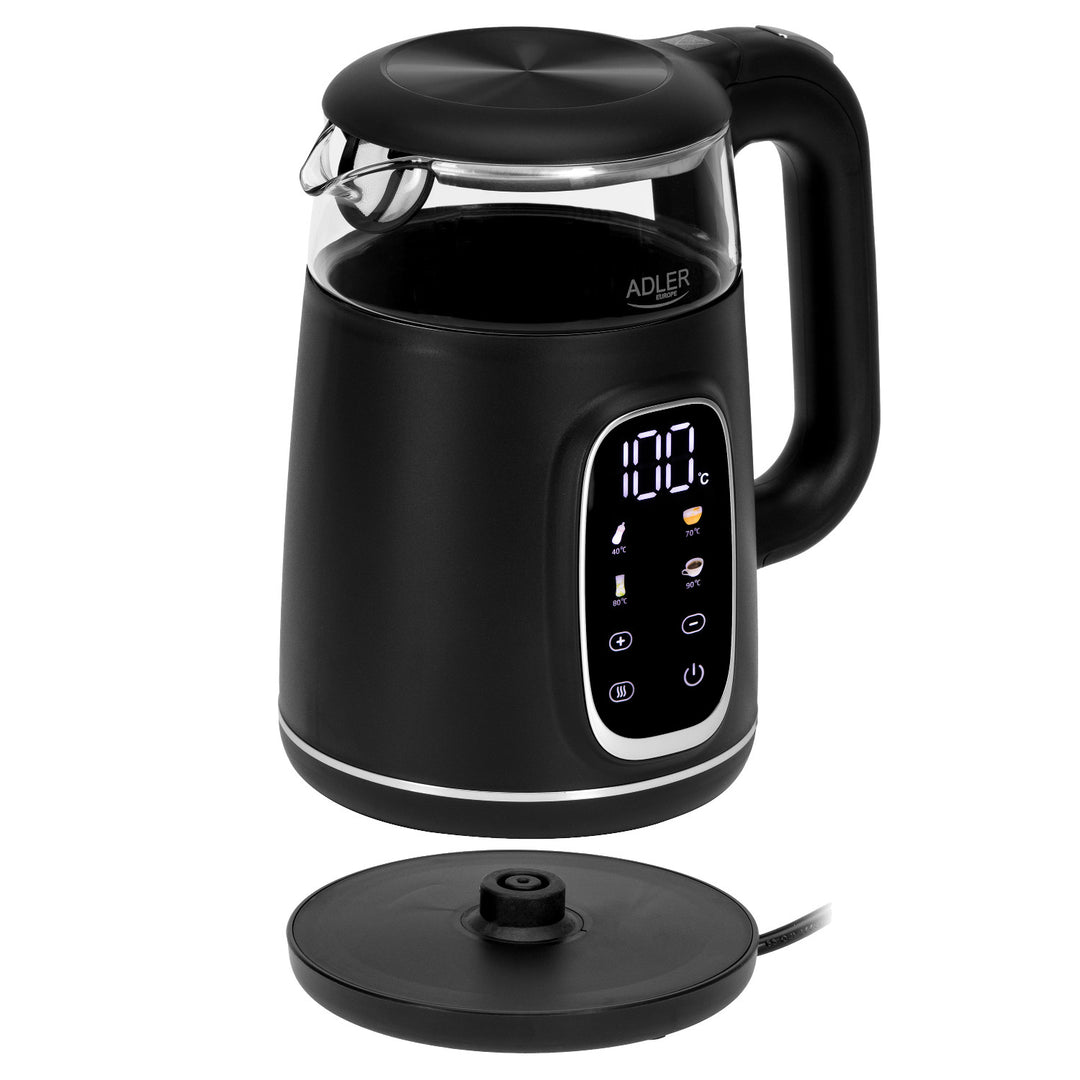 Chaleira elétrica em vidro Adler AD 1305 BS 1,7 L, preta e prateada, controlo de temperatura, visor LED