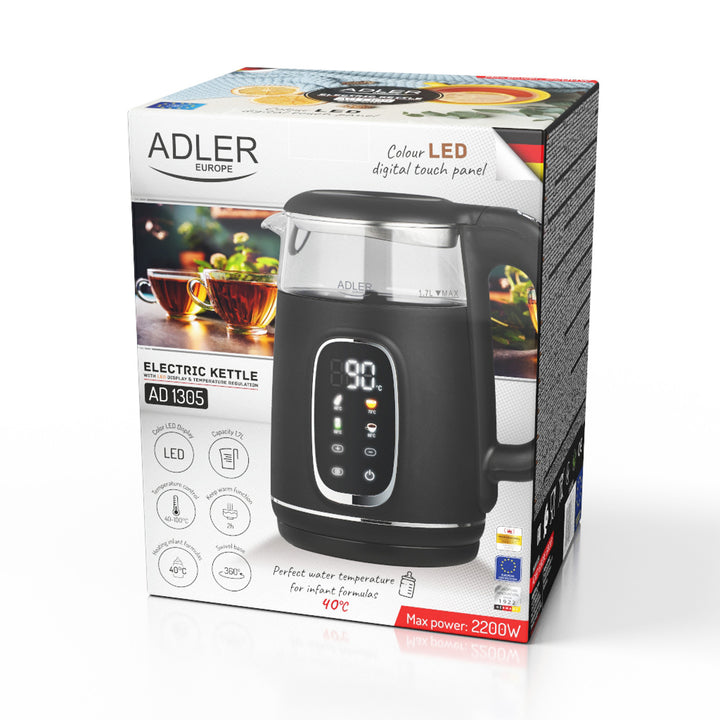 Chaleira elétrica em vidro Adler AD 1305 BS 1,7 L, preta e prateada, controlo de temperatura, visor LED