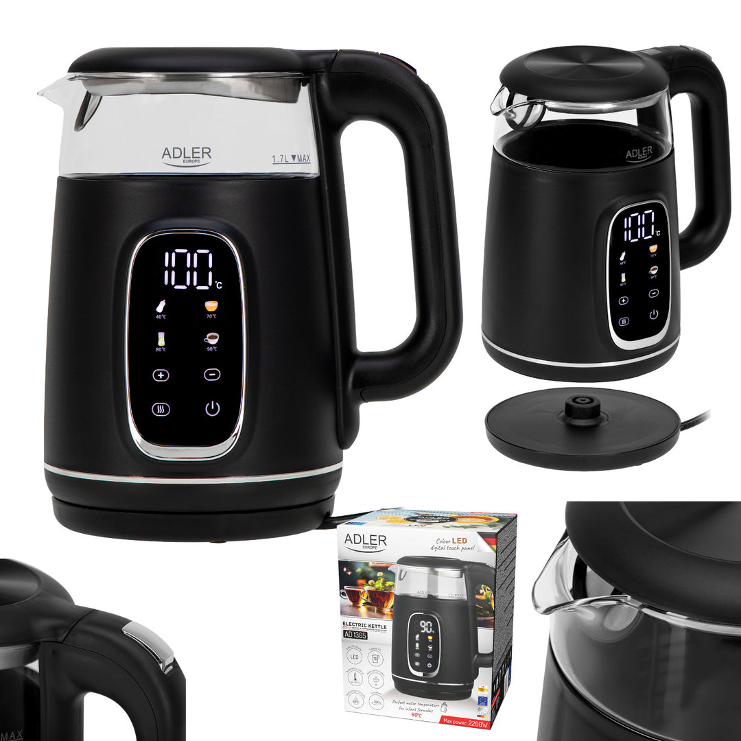 Chaleira elétrica em vidro Adler AD 1305 BS 1,7 L, preta e prateada, controlo de temperatura, visor LED