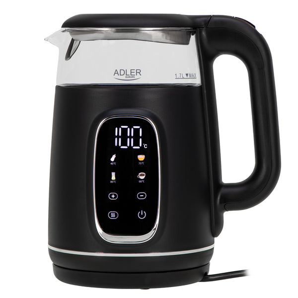 Adler AD 1305 bs Hervidor eléctrico de vidrio 1.7L, Negro y plata, Control de temperatura, Pantalla LED