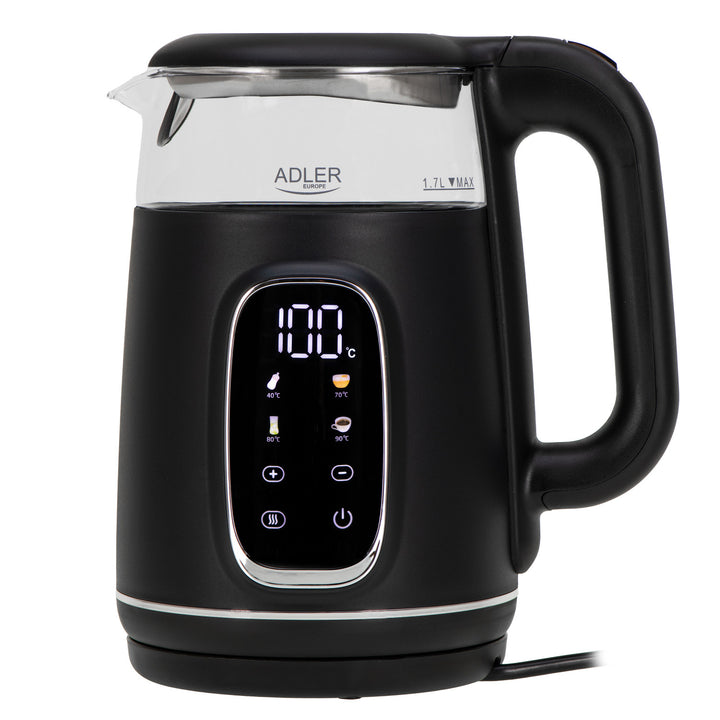 Chaleira elétrica em vidro Adler AD 1305 BS 1,7 L, preta e prateada, controlo de temperatura, visor LED