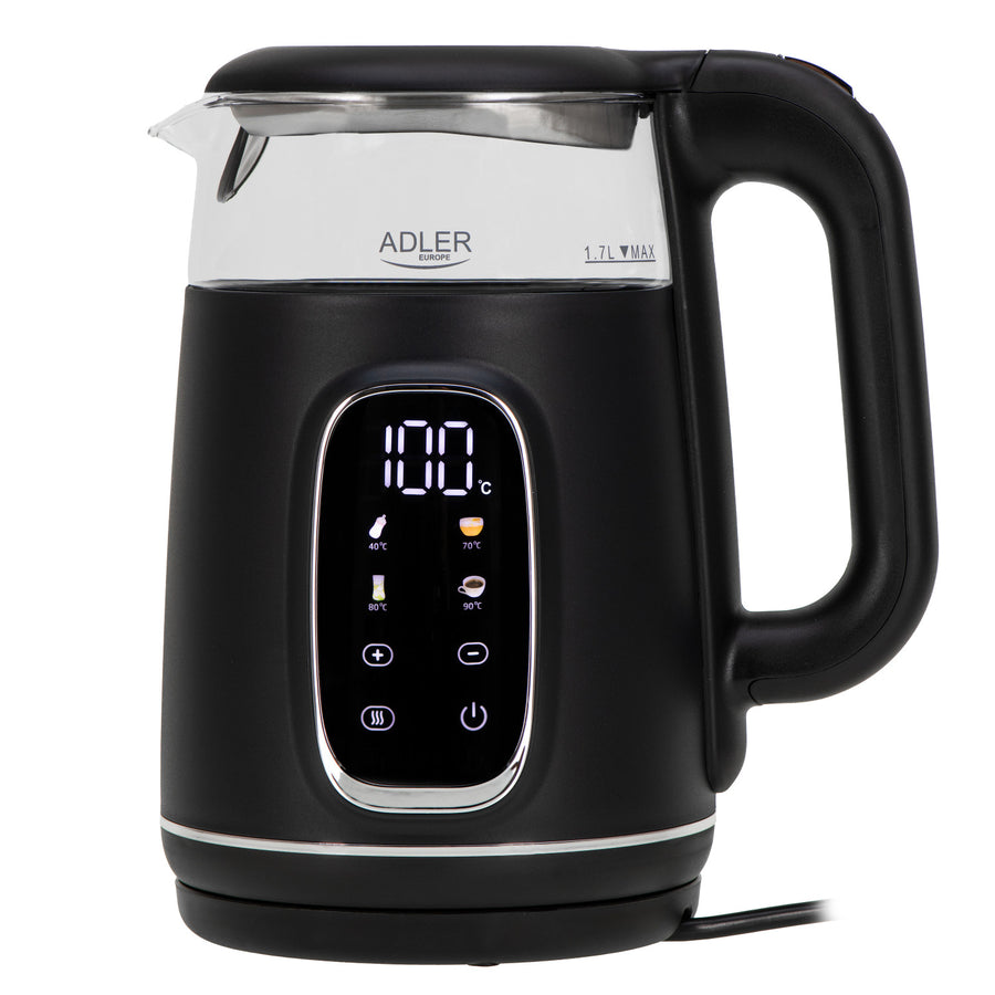 Adler AD 1305 bs Hervidor eléctrico de vidrio 1.7L, Negro y plata, Control de temperatura, Pantalla LED