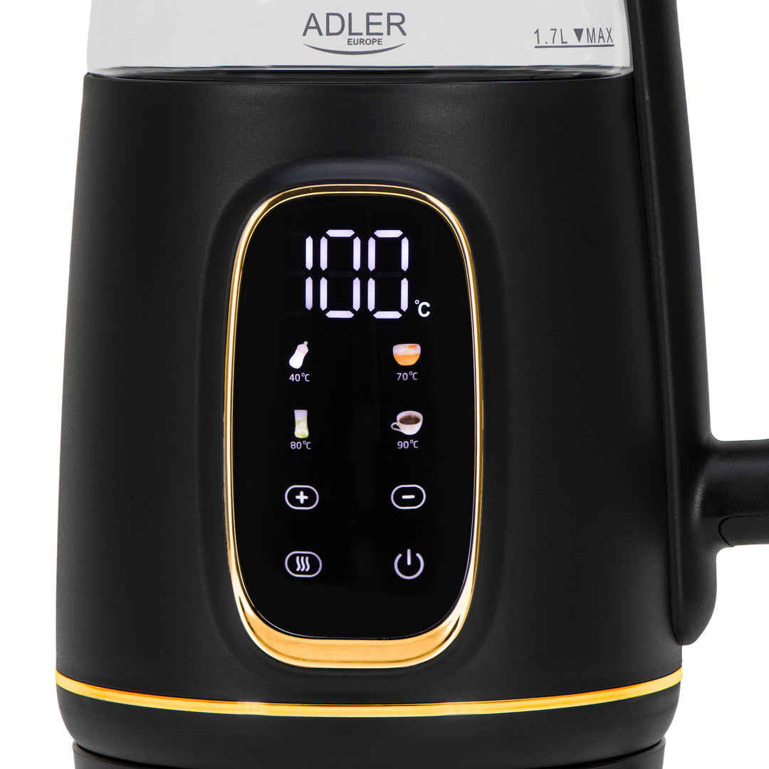 Adler AD 1305 bg Hervidor de vidrio eléctrico 1,7L, Negro y dorado, Control de temperatura, Pantalla LED