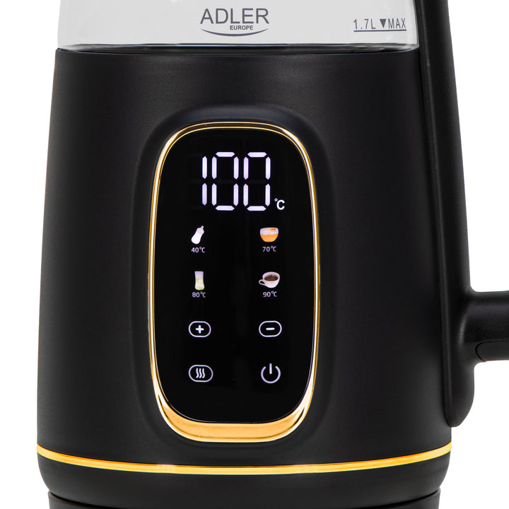 Adler AD 1305 bg Hervidor de vidrio eléctrico 1,7L, Negro y dorado, Control de temperatura, Pantalla LED