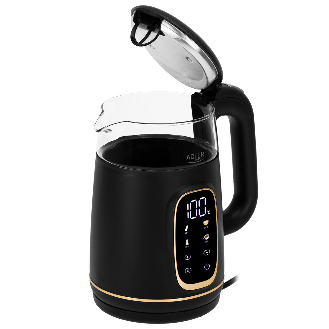 Adler AD 1305 bg Hervidor de vidrio eléctrico 1,7L, Negro y dorado, Control de temperatura, Pantalla LED