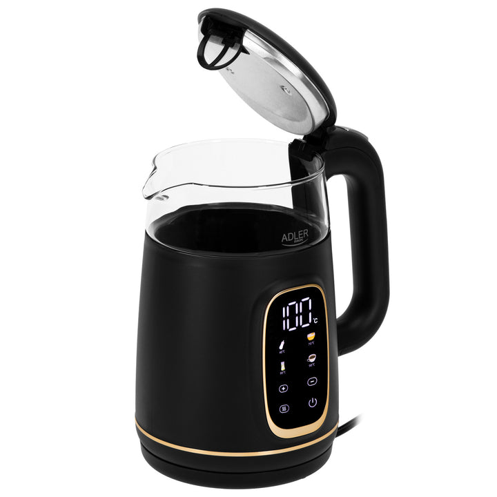 Adler AD 1305 bg Hervidor de vidrio eléctrico 1,7L, Negro y dorado, Control de temperatura, Pantalla LED