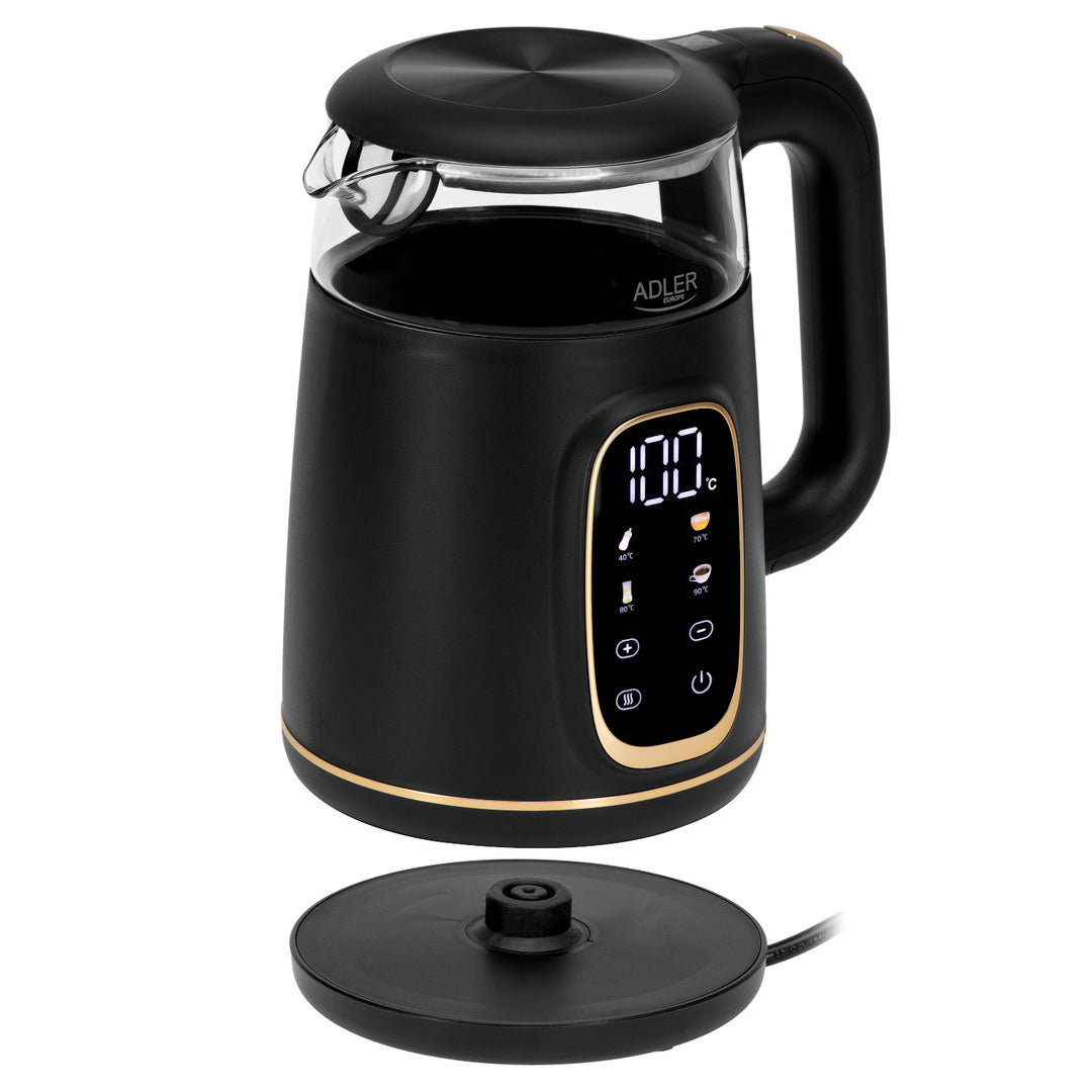 Adler AD 1305 bg Hervidor de vidrio eléctrico 1,7L, Negro y dorado, Control de temperatura, Pantalla LED