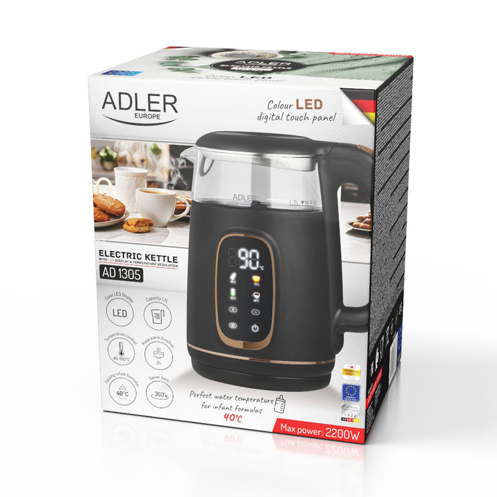 Adler AD 1305 bg Hervidor de vidrio eléctrico 1,7L, Negro y dorado, Control de temperatura, Pantalla LED
