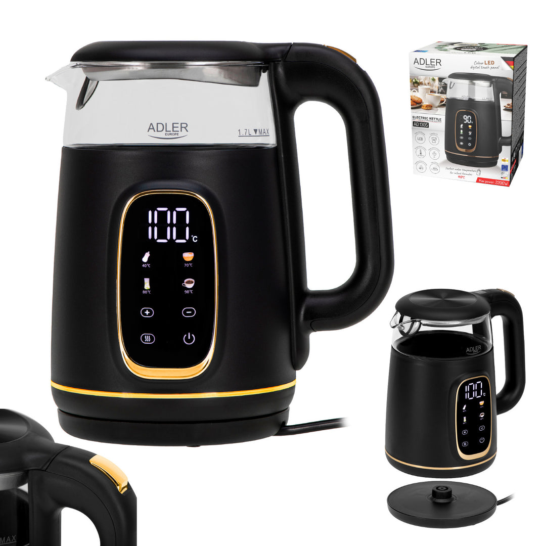 Adler AD 1305 bg Hervidor de vidrio eléctrico 1,7L, Negro y dorado, Control de temperatura, Pantalla LED