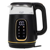 Adler AD 1305 bg Hervidor de vidrio eléctrico 1,7L, Negro y dorado, Control de temperatura, Pantalla LED