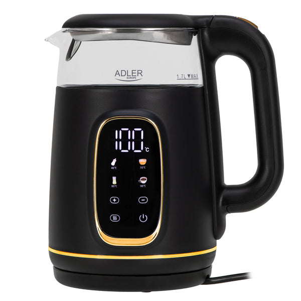 Adler AD 1305 bg Hervidor de vidrio eléctrico 1,7L, Negro y dorado, Control de temperatura, Pantalla LED