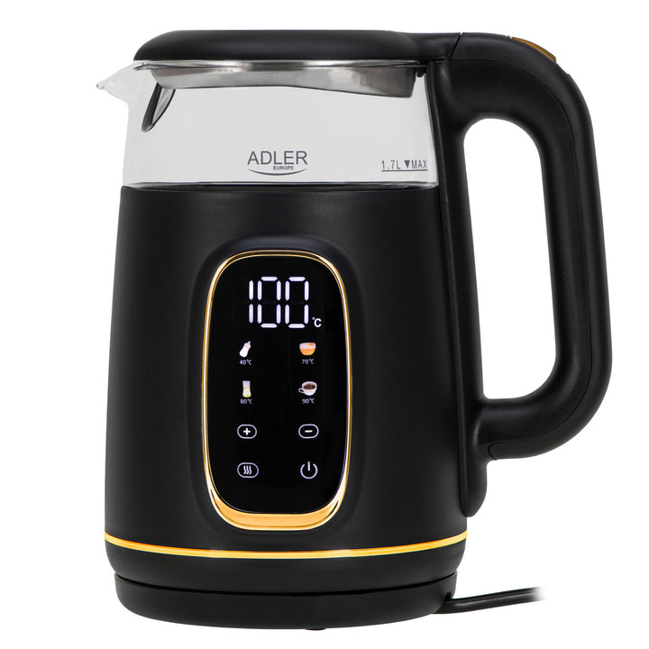 Adler AD 1305 bg Hervidor de vidrio eléctrico 1,7L, Negro y dorado, Control de temperatura, Pantalla LED