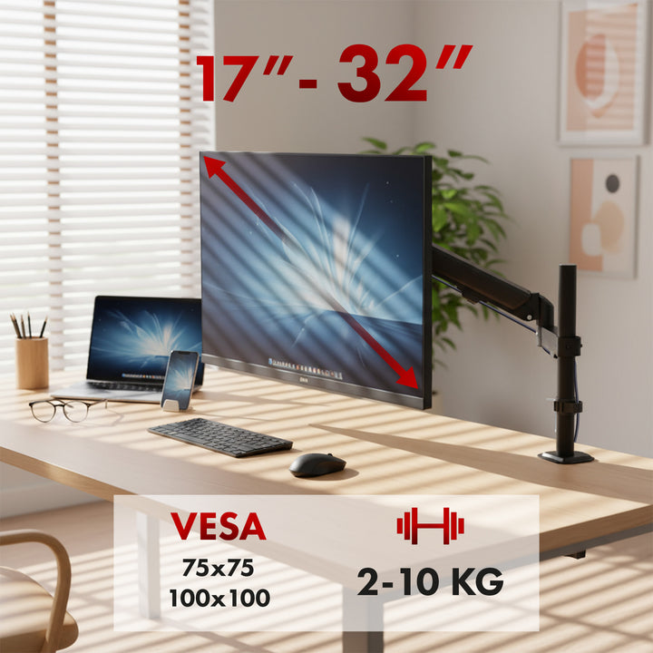 Soporte de monitor Maclean, resorte de gas, 17"-32", 2-10kg, negro, MC-135