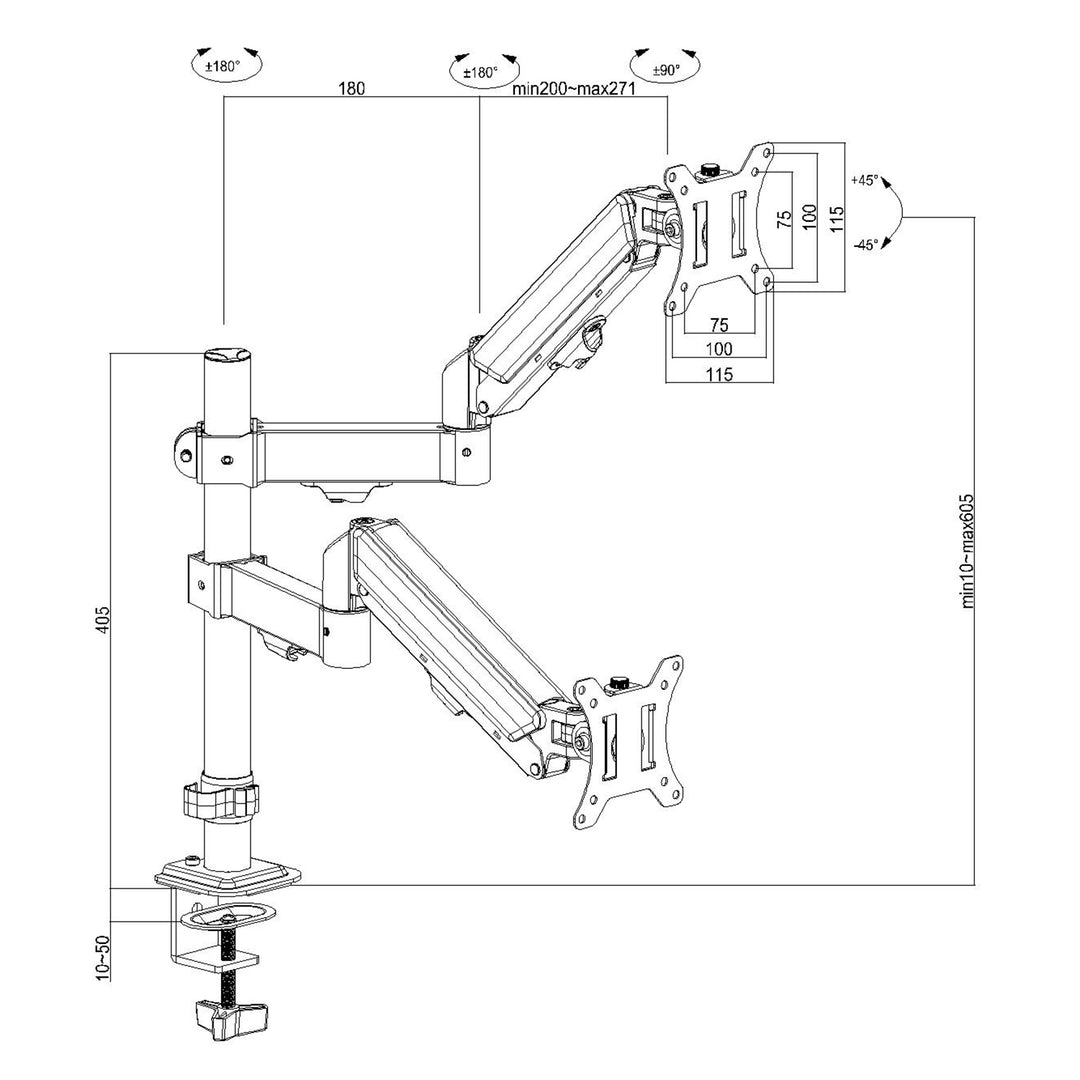 Soporte para 2 monitores Maclean, resorte de gas, 17"-32", 2-10kg, negro, MC-136