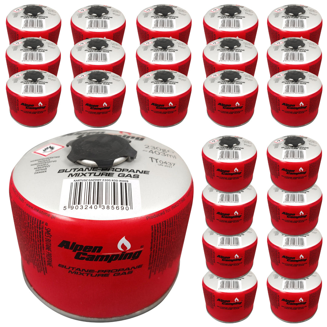 Cartucho de gás para campismo Alpen 230g, certificado: PI 0656, compatível com EN417, propano-butano, gama de -10°C a +40°C, válvula roscada 7/16" IK009, 24 peças