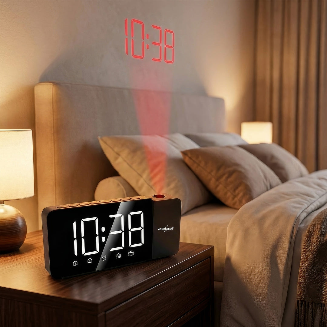 Radio despertador digital LED con proyector GreenBlue, radio FM, alarma, reloj 12/24, alimentación USB 5V DC + CR2032, GB172