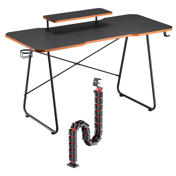 NanoRS Escritorio para juegos con estante para monitor, 50 kg máx., altura 850 mm, negro, RS170+Organizador de cables / rejilla de escritorio Nano RS, 1345 mm, negro y rojo, RS125