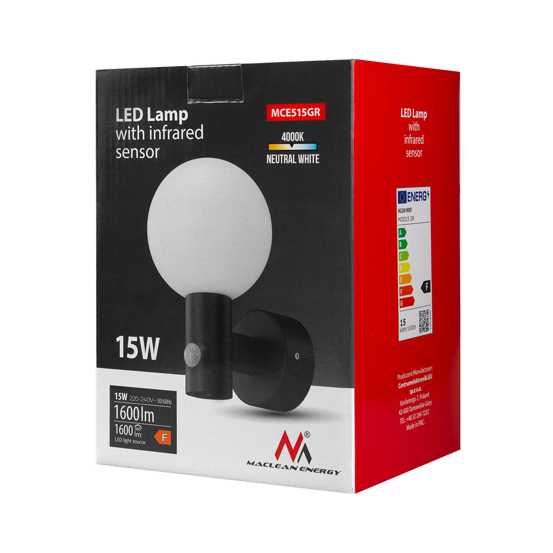 Maclean sensor de movimiento Lámpara LED, sensor de movimiento PIR, gris, 15W, IP65, 1600lm, blanco neutro (4000K) MCE515 GR, 2 piezas