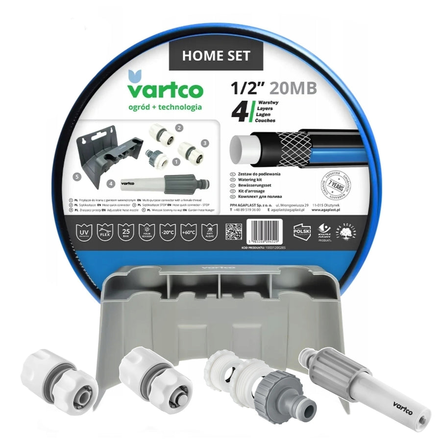 Set de jardín Vartco, manguera de 1/2'' 20m, acople rápido stop and go, conexión de grifo, aspersor, soporte de pared, Home Set