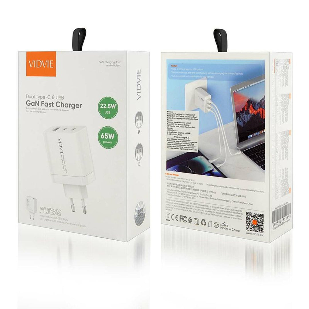 Cargador de red VIDVIE, 3A, 65W, 2x USB-C, 1x USB, cable USB-C/Iphone, PLE262