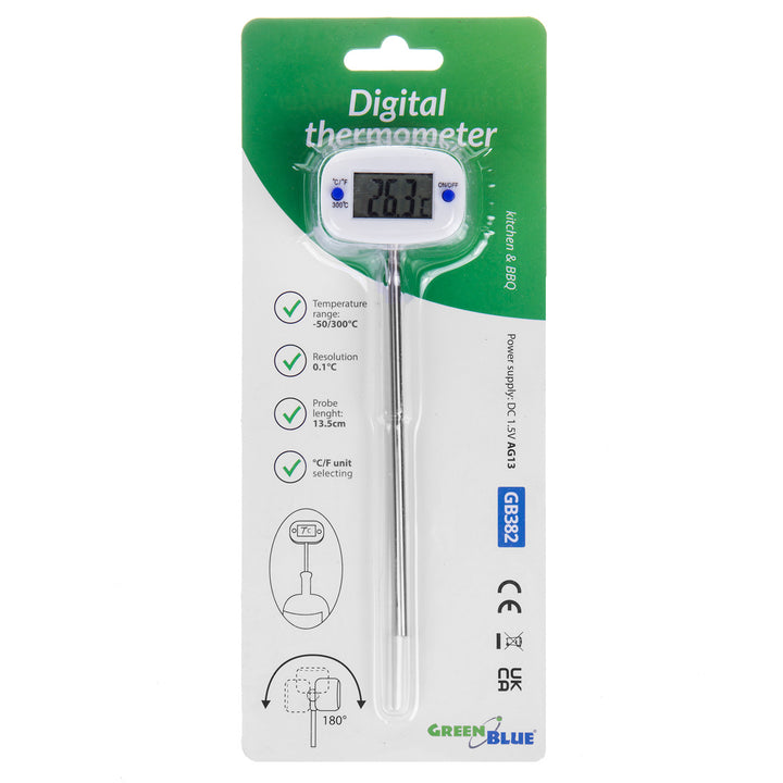 Termómetro/sonda para alimentos, VerdeAzul, longitud de la sonda 15 cm, rango de temperatura -50°C a +300°C., precisión 0,1°C, GB382, 3 piezas