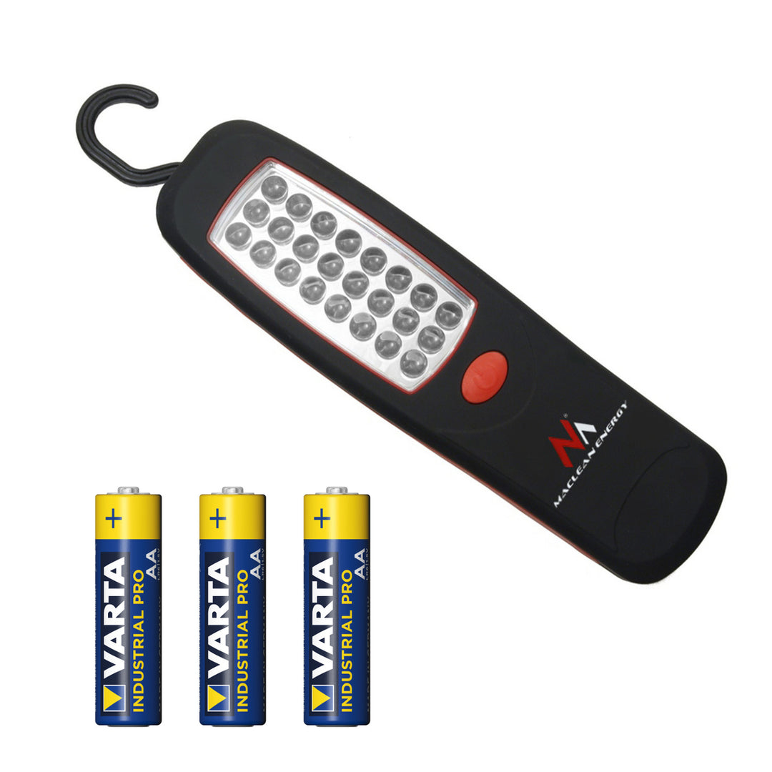 Lámpara de taller Maclean con 24 LED, imán, gancho, 3 pilas AA, MCE03 + 3 pilas Varta Industrial LR6/AA R-06