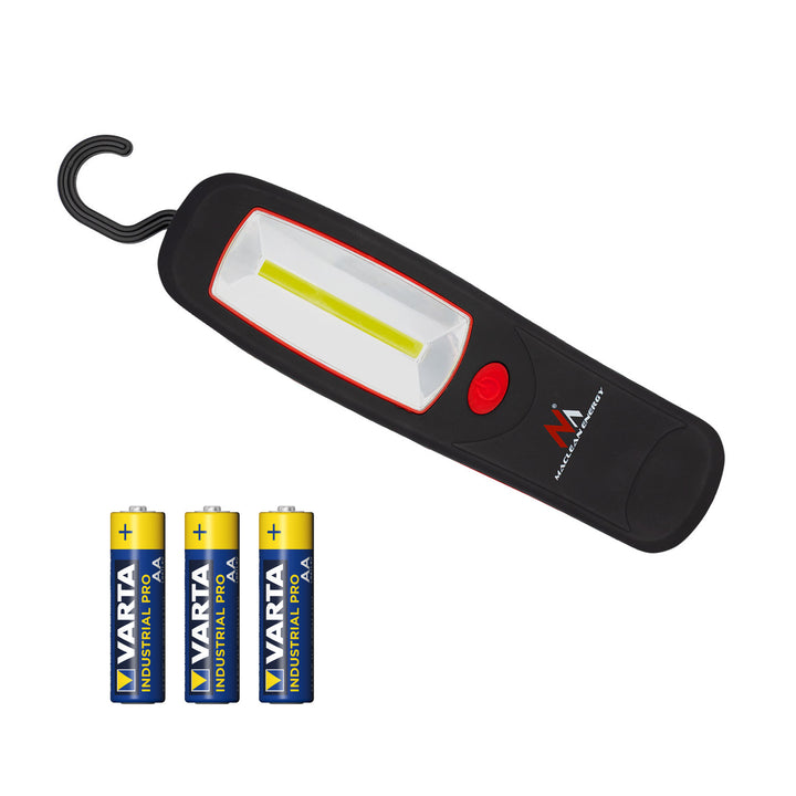 Lámpara de taller COB LED Maclean, imán, gancho, 3 pilas AA, MCE03 + 3 pilas Varta Industrial LR6/AA R-06