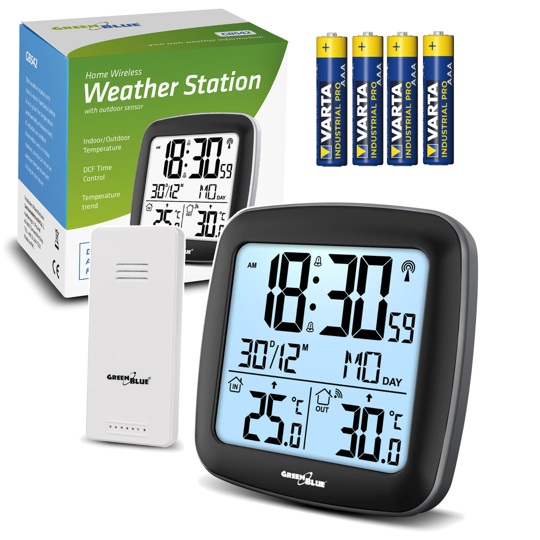 Estación meteorológica inalámbrica GreenBlue, con DCF, calendario, alarma, GB542 + 4x pila alcalina Varta Industrial AAA