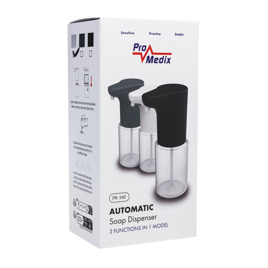 Dispensador automático Promedix, recipiente dispensador para jabones líquidos, líquidos desinfectantes, 300 ml, blanco, PR-540 W + 4 pilas Varta Industrial AA