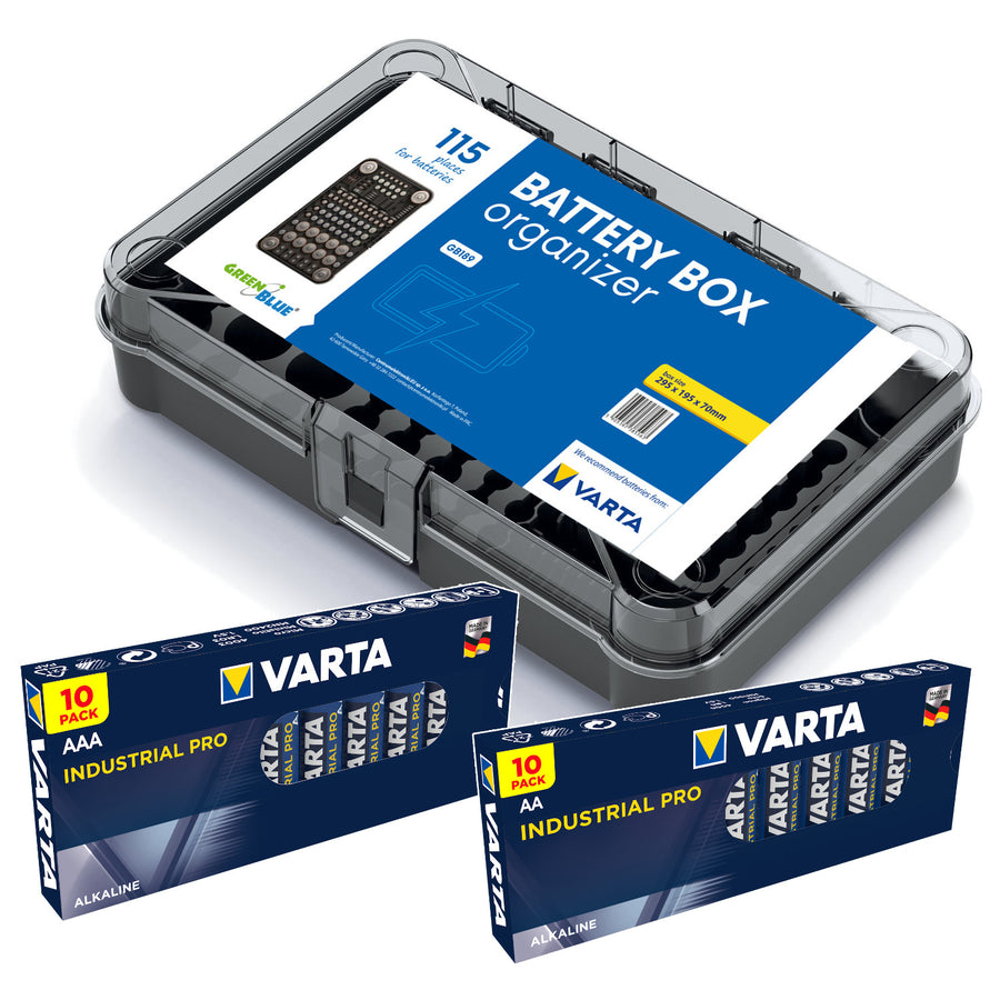 Organizador de baterías GreenBlue Varta Box GB189 + 10 baterías AA y 10 baterías AAA Varta Industrial
