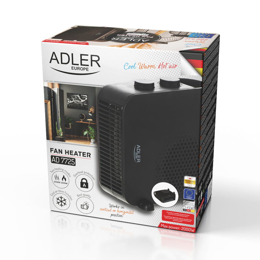 Termoventilador Adler, 2 niveles de potencia, máx. 2000 W, termostato, negro, AD 7725