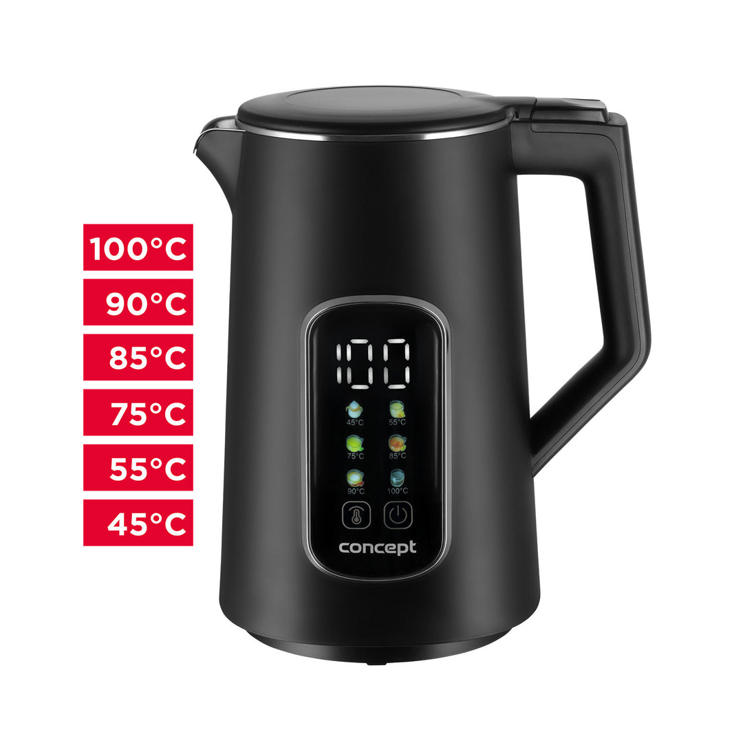 Concept RK3385 Hervidor eléctrico, 1,7L, control de temperatura, pantalla LED, superficie Cool touch, indicador de nivel de agua