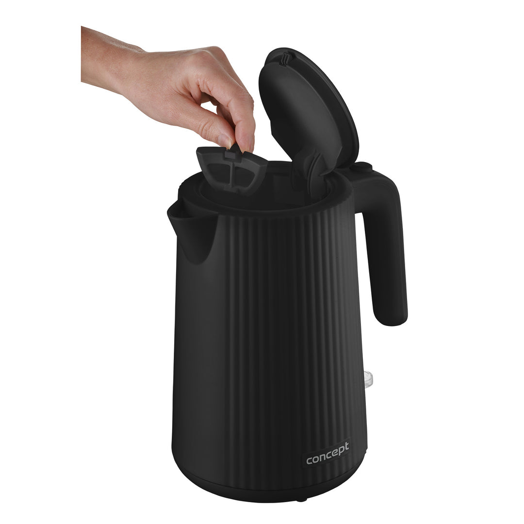 Concept RK2391 Hervidor eléctrico de plástico, 1,7L, diseño estriado, triple sistema de seguridad, filtro de sedimentos, indicador de nivel de agua, negro