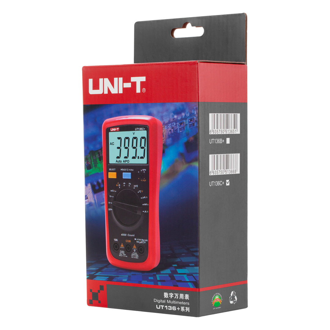 Multímetro digital Uni-T, medición de tensión y corriente, cables de prueba incluidos, sonda de temperatura, UT136C+