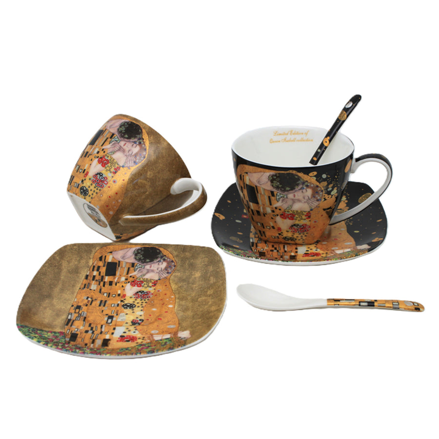 Juego de 2 tazas de porcelana Reina Isabell, motivo El beso de Klimt, cucharillas, 250 ml, W25KL60-2-19000