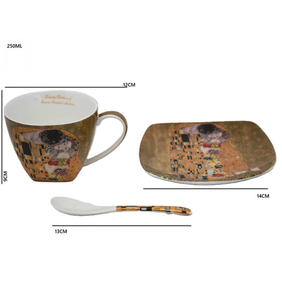 Juego de 2 tazas de porcelana Reina Isabell, motivo El beso de Klimt, cucharillas, 250 ml, W25KL60-2-19000