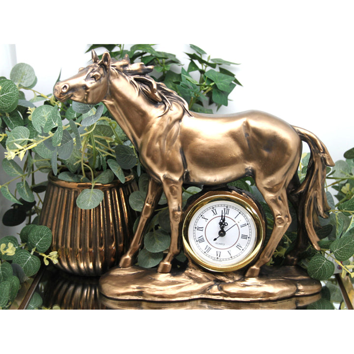 Estatuilla de caballo de pie, reloj, escultura decorativa de bronce, Reina Isabel