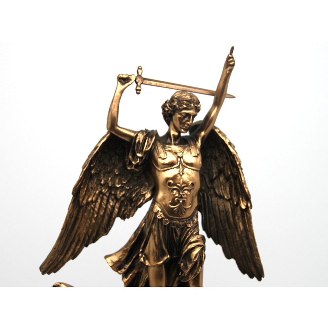 Estatuilla Arcángel Miguel, reloj, escultura religiosa de bronce, Reina Isabel