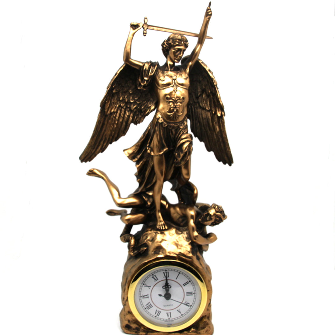 Estatuilla Arcángel Miguel, reloj, escultura religiosa de bronce, Reina Isabel