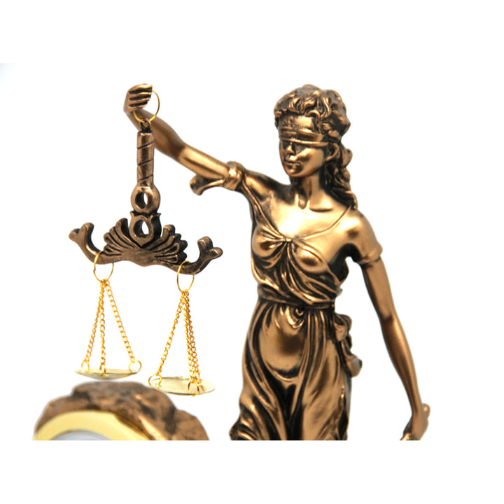 Figurilla de Temida Diosa de la Justicia, reloj, Reina Isabel