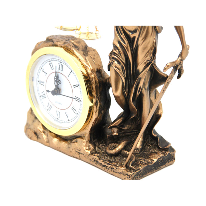 Figurilla de Temida Diosa de la Justicia, reloj, Reina Isabel